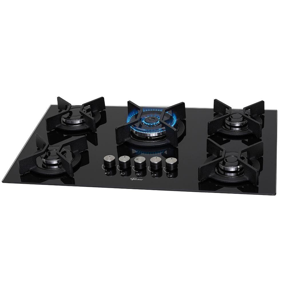 Cooktop 5 Bocas a Gás Fischer Infinity com Mesa de Vidro e Queimador Tripla Chama Preto Bivolt