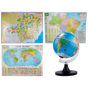 Kit Globo 21cm C/ LED + Mapas Brasil Mundi e MG Grande 120x90cm Profissional Decorativo Escolar