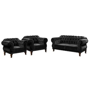 1 Sofá 1,80cm + 2 Poltronas Chesterfield Elisabeth Suede Preto
