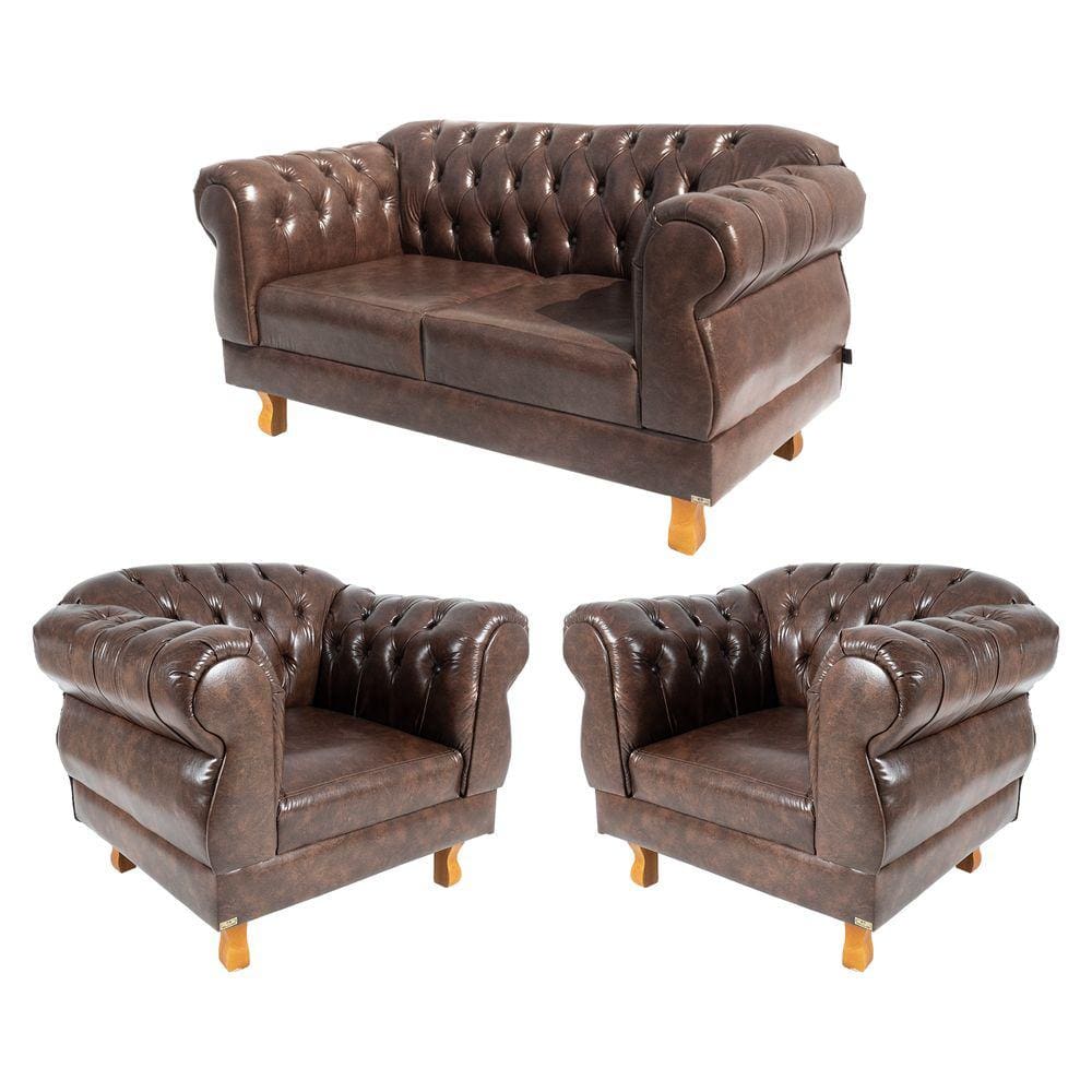 1 Sofá 2,00cm + 2 Poltronas Chesterfield Elisabeth Corano Marrom