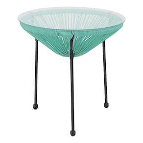 Mesa Redonda Aço Vidro 50x50cm Rattan Azul - Home Deluxe