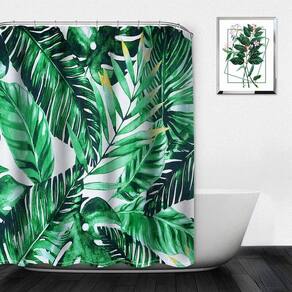 Cortina de chuveiro de impressão de folha verde, Patter de planta l moderna