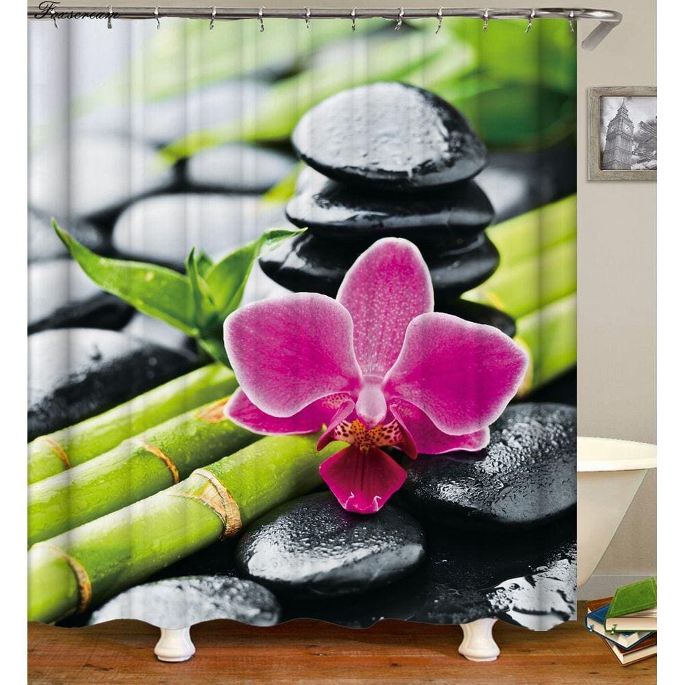 Cortina de chuveiro impermeável com ganchos, Banheira de cena verde Curta