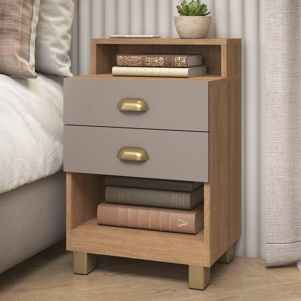 Mesa de Cabeceira 39cm x 63cm 2 Gavetas Mel/Cinza