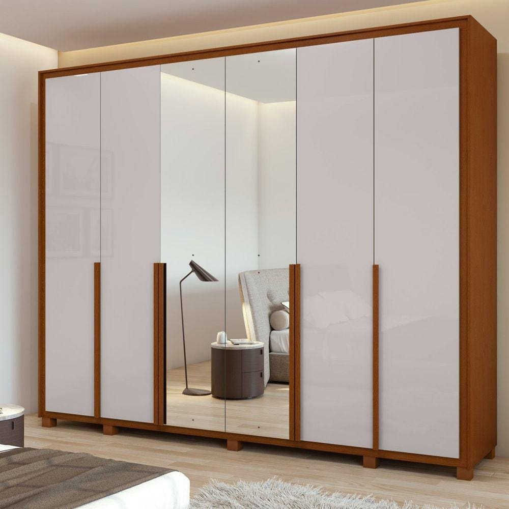 Guarda-roupa 6 Portas 6 Gavetas 100% Mdf Imperatore com Espelho e com Pés Frassino/Off White