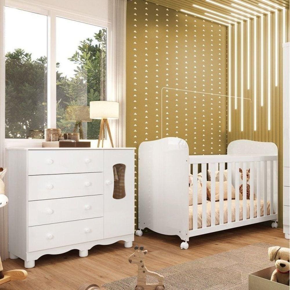 Quarto de bebê Cômoda 1 Porta com Janela e 4 Gavetas e Berço Espresso Móveis Branco Brilho