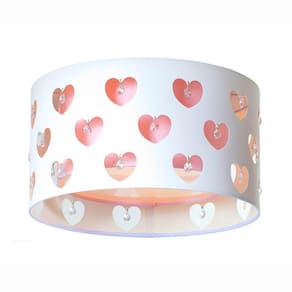 Luminária Infantil Plafon Corações com Cristais 30x16 Cm Rosa/Branco