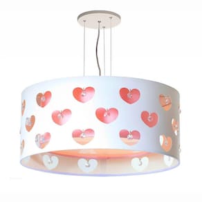 Lustre Infantil Pendente Corações com Cristais 50x16 Rosa/Branco