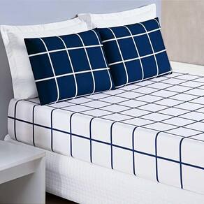 Jogo De Lençol Minimalista Casal Padrão 3 Peças Percal 200 Fios Quadriculado - Azul Marinho