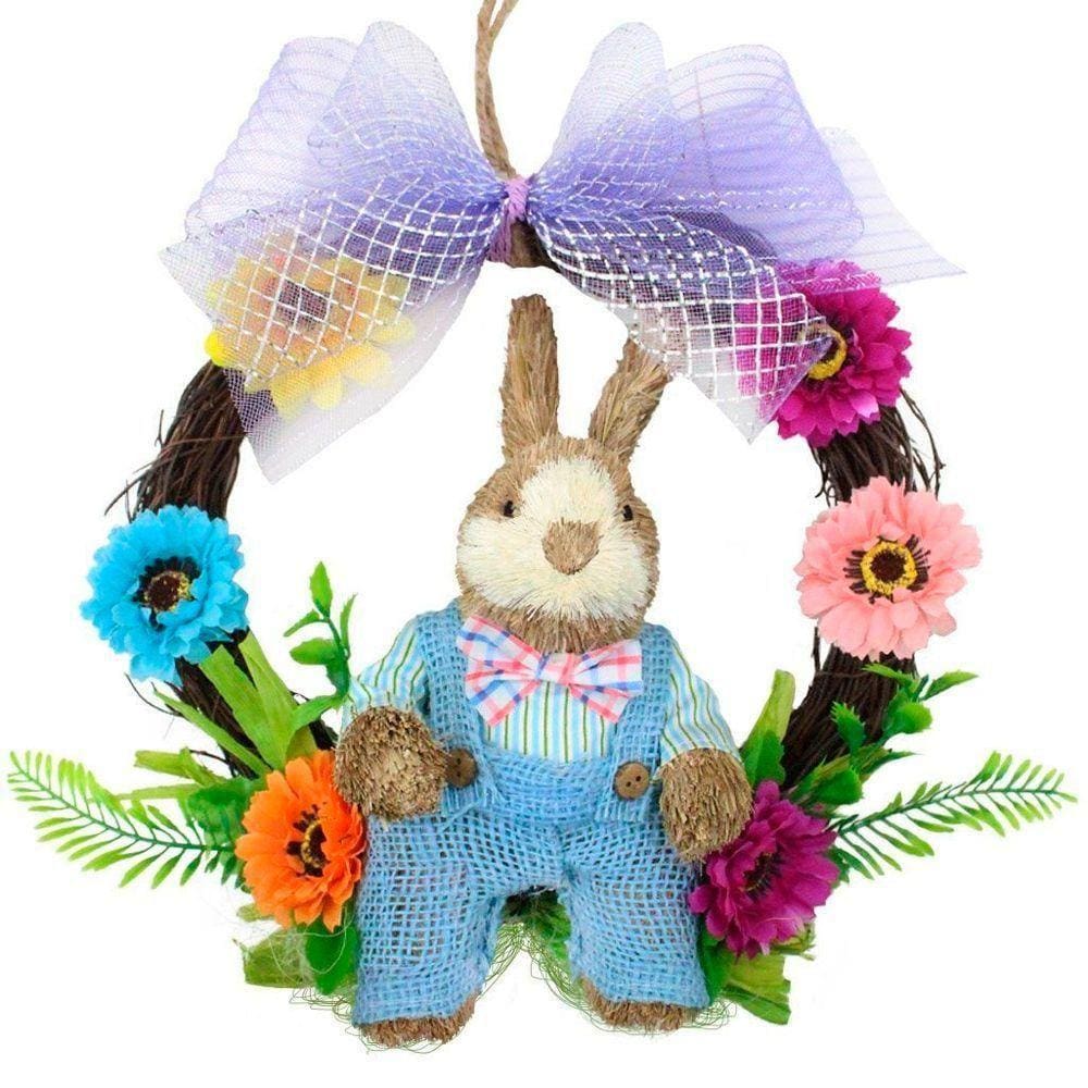 Guirlanda Artesanal Enfeite Páscoa Coelhinho Palha Florida 25cm