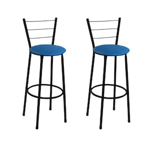 Kit 2 Banquetas Altas Preta com Encosto Assento Azul