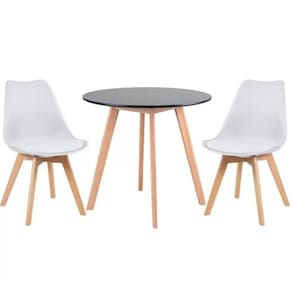 Kit - Mesa Redonda Leda 80 Cm Preto + 2 Cadeiras Estofadas Leda Branco