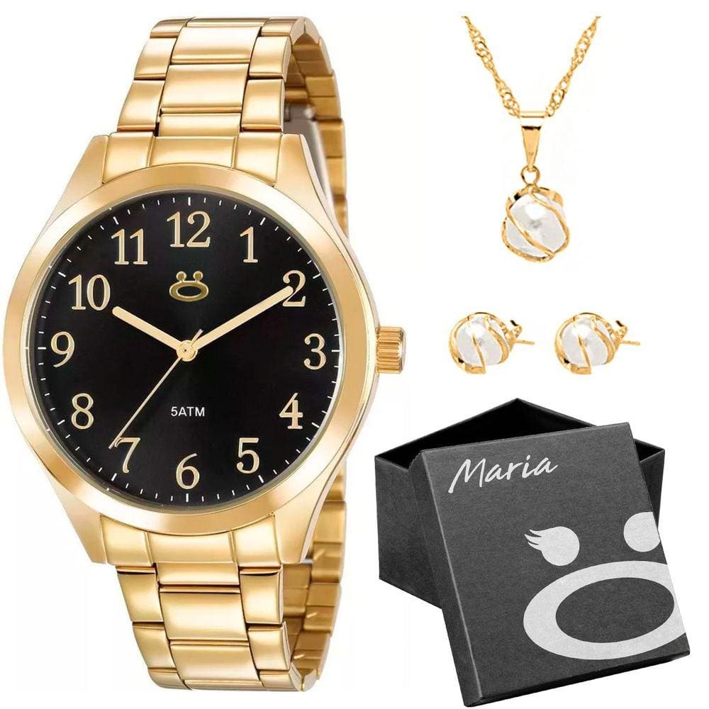 Colar + relogio feminino aço inox dourado + caixa + brincos casual social strass qualidade premium
