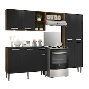 Armário de Cozinha Compacta Multimóveis Pequim FG3413 com 3 Leds e Balcão Madeirada/Preta
