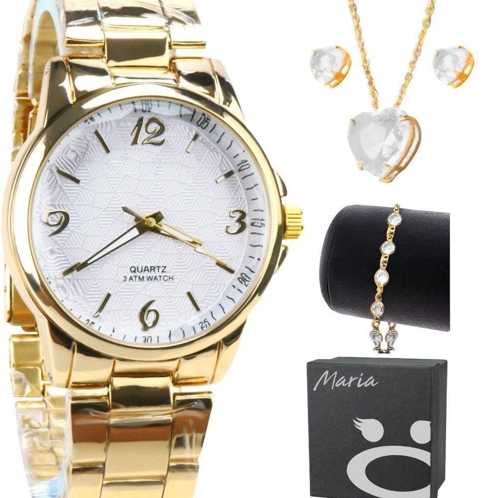 Relogio Feminino Dourado + Colar Aço Inox + Caixa Pulseira Presente Social Casual Qualidade Premim