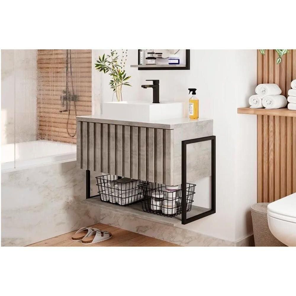 Balcão P- Banheiro Suspenso Frisê Havaí Ripado 1pta C-cuba E Tampo Vidro 60 Cm Cimento Mgm