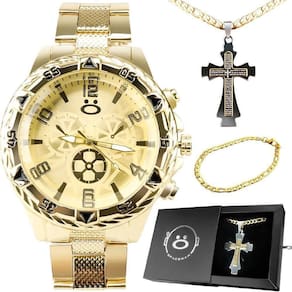 Relogio Masculino Banhado Aço + Pulseira + Cordão Crucifixo
