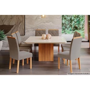 Sala De Jantar Completa Tampo Madeirado C- Vidro 130x130cm E 8 Cadeiras Nature-ow-joli