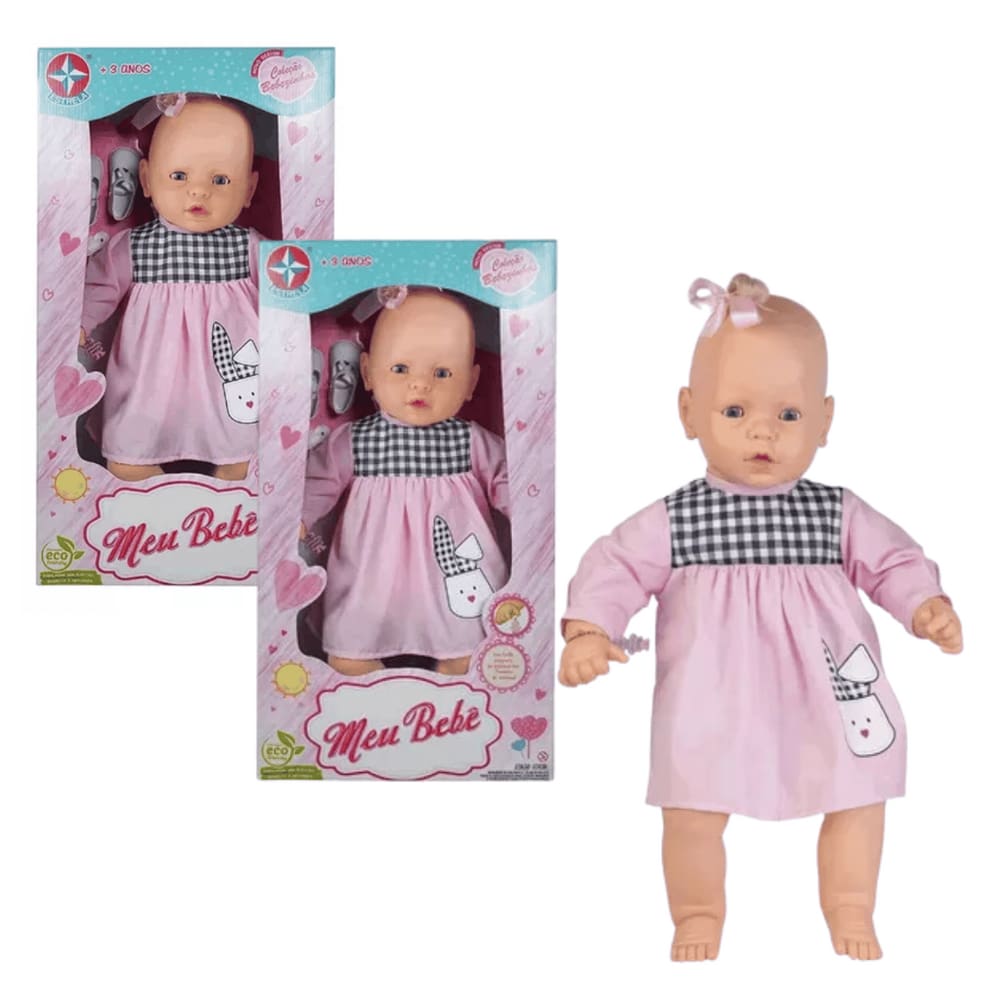 Kit Com 2 Bonecas Meu Bebe Grande Com Vestido Rosa Estrela