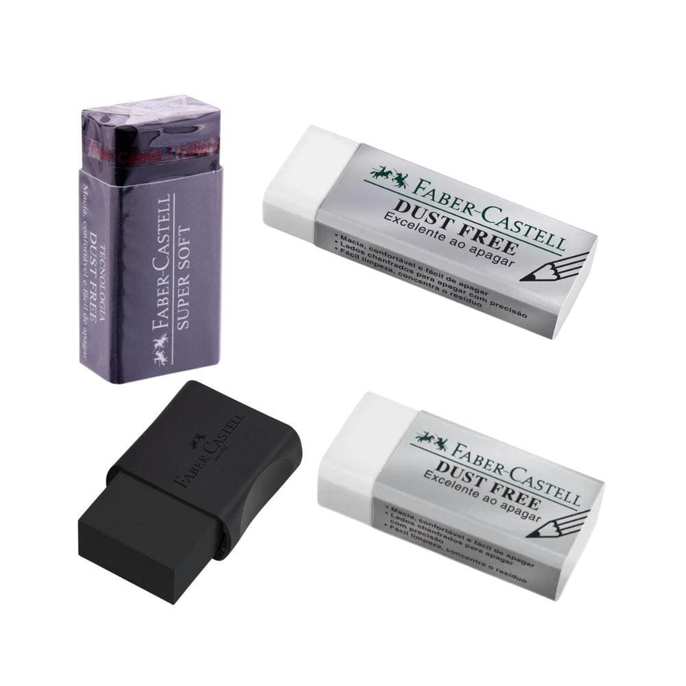 Kit 04 Borracha Escolar SuperSoft Preta Branca Pequena e Grande Dust Free e Max Preta - Faber-Castell