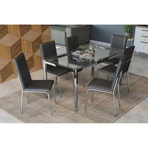 Kit Mesa Reno C- Tampo Vidro 150cm + 6 Cadeiras Amsterdã Cromada Preto