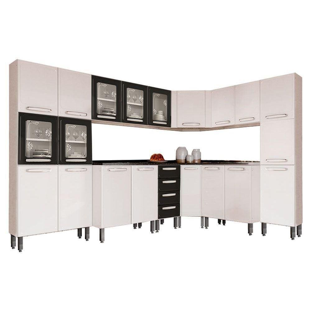 Cozinha Modulada Completa 8pçs 3 Armários 3 Balcões 2 Paneleiros C8P22 Branco/Preto - Bertolini