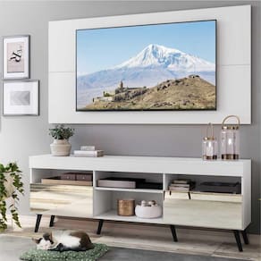 Rack com Espelho, Pés Retrô, Painel e Suporte TV 65" com 2 Portas Londres Multimóveis Branco/Preto