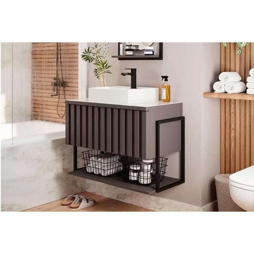 Bancada De Banheiro Suspenso Frisê Havaí Ripado 1pta C-cuba E Tampo Vidro 80 Cm Titanium Mgm