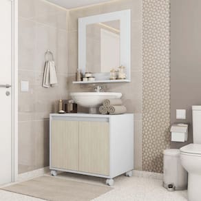 Conjunto Gabinete Armario Banheiro com Espelheira 60cm Branco Off/Ciliegio