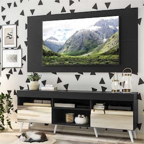 Rack com Espelho, Pés Retrô, Painel e Suporte TV 65" com 2 Portas Londres Multimóveis Preto/Branco
