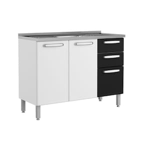 Balcão De Cozinha Modulado Evidence 7025 C- Pia 3 Portas E 2 Gavetas Branco-preto - Bertolini