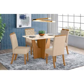 Sala De Jantar Completa Tampo Madeirado C- Vidro 120x80cm E 4 Cadeiras Nature veludo Light Linho