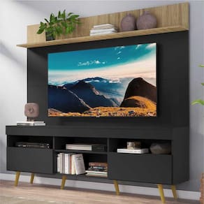 Rack com Painel e Suporte TV 65" Madri Multimóveis Preto/Rustic com Prateleira e Pés Retrô Natural