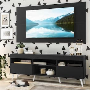 Rack com Painel e Suporte para TV até 65" Pés Retrô com 2 Portas Londres Multimóveis Preto/Branco