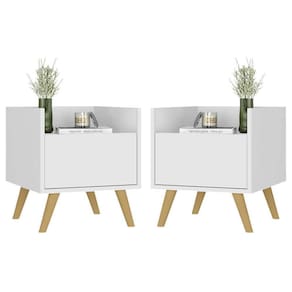 Kit com 2 Mesas de Cabeceira 40 cm com Pés Retrô Multimóveis MP4044 Branca/Natural