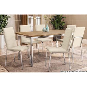 Mesa De Sala Jantar Reno C- Tampo Madeira 160cm + 6 Cadeiras Amsterdã Cromada - Assento Nude 16 - Kappesberg