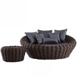 Chaise E Puff Munique Tricô Náutico Jardim Piscina Azul Marinho
