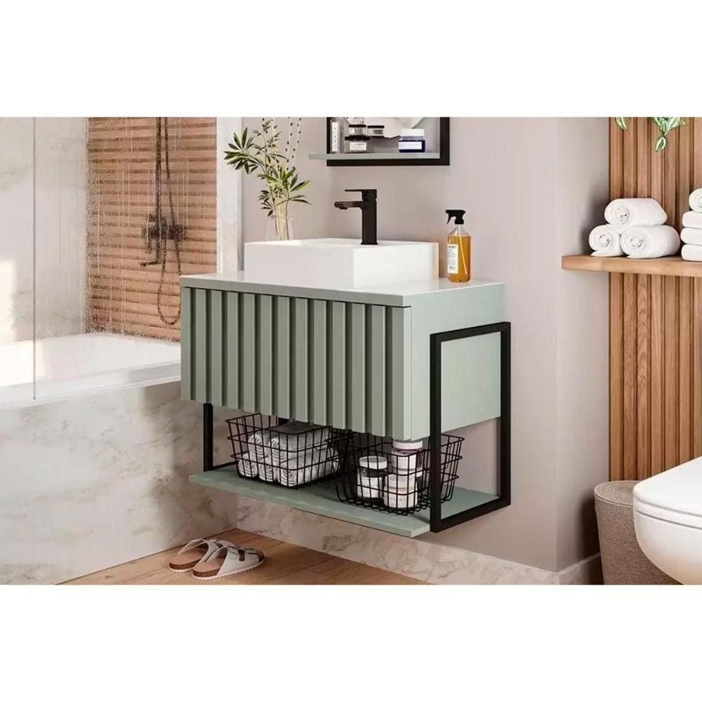 Balcão P- Banheiro Suspenso Frisê Havaí Ripado 1pta C-cuba E Tampo Vidro 60 Cm Pistache Mgm