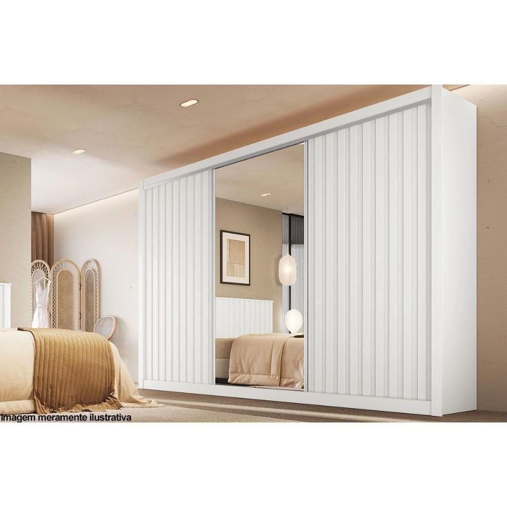 Guarda Roupa Casal 3 Portas De Correr Ripada E 6 Gavetas C-espelho York Branco Acetinado - Europa