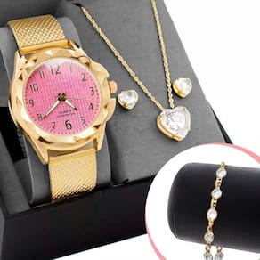 Relogio Feminino Aço Prova Dagua + Colar + Pulseira Coração Presente Qualidade Premium Casual Moda