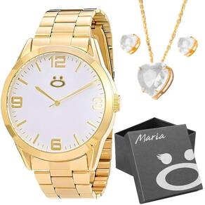 Relogio Feminino Dourado Aço Inox + Caixa + Brincos + Colar Social Moda Casual Presente Strass