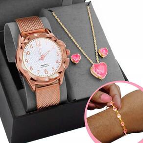 Colar + Relogio Feminino Dourado Prova Dagua Banhado + Pulseira + Caixa Zirconia Moda Coração Social