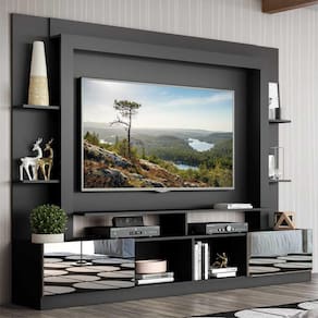 Rack c/ Painel e Suporte TV 65" Portas c/ Espelho Oslo Multimóveis Preto/Lacca Fumê