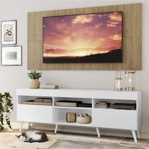 Rack com Painel e Suporte TV 65" Londres Multimóveis Pés Retrô e 2 portas Branco/Rustic/Branco