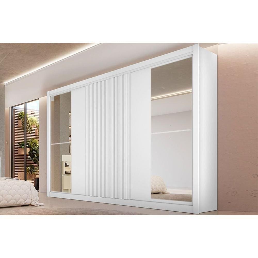 Guarda Roupa Casal 3 Portas De Correr 1 Ripada E 6 Gavetas C-2 Espelhos Vitória Branco Acetinado
