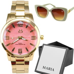Oculos Sol Proteção Uv + Caixa + Relogio Feminino Banhado