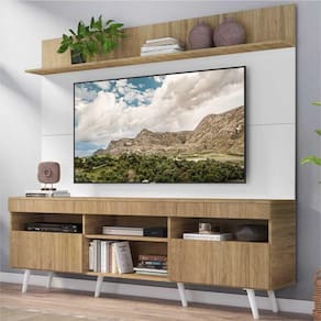 Rack com Painel e Suporte TV 65" Madri Multimóveis Rustic/Branco com Prateleira e Pés Retrô Branco