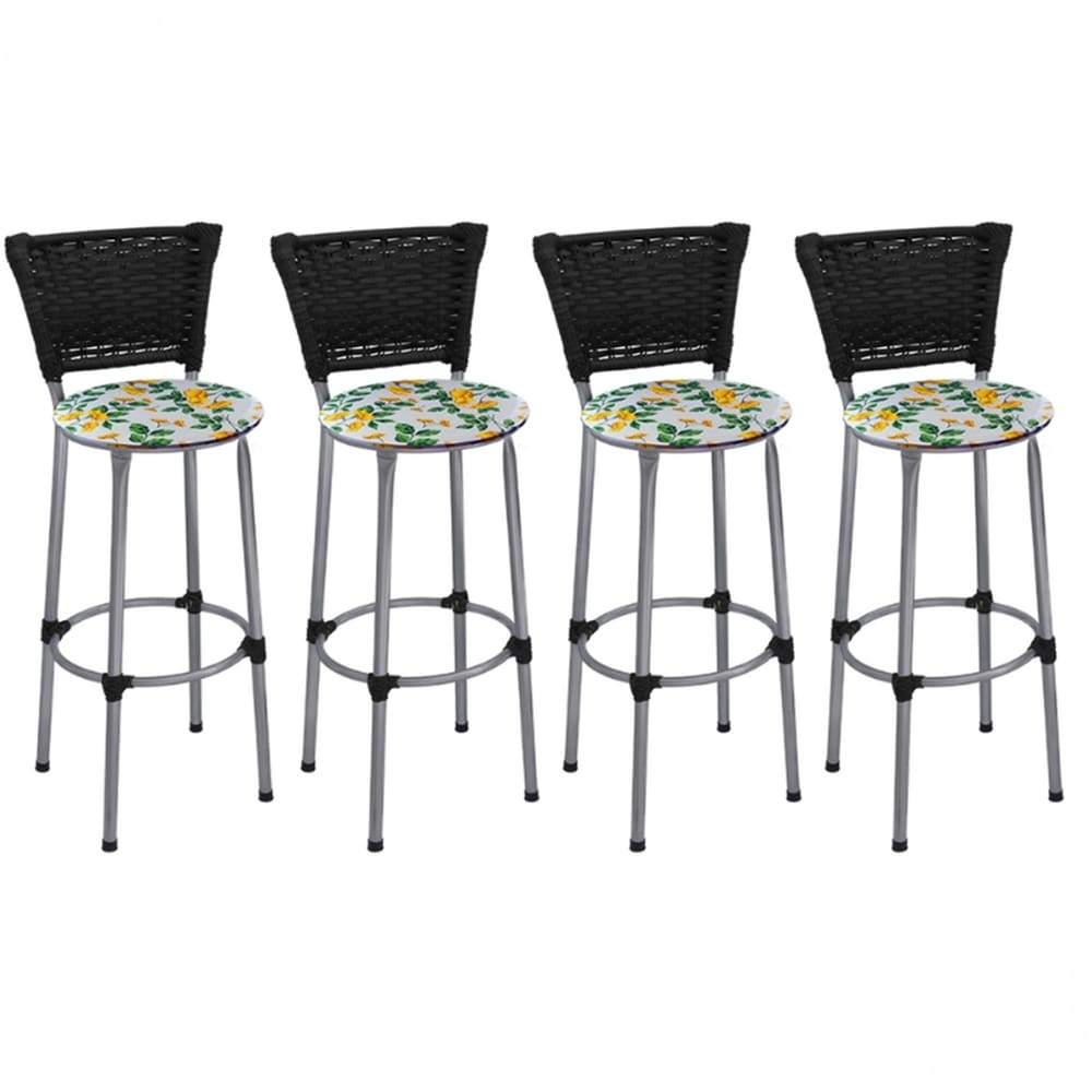 Kit 4 Banquetas Médias Prata com Encosto Junco Preto Assento Floral Branco
