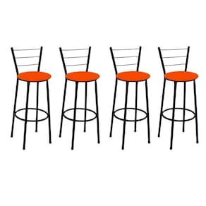 Kit 4 Banquetas Médias Preta com Encosto Assento Laranja