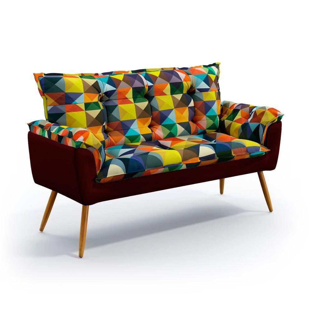Poltrona Namoradeira Beta / F-015 N-034 Sued Estampado Vermelho com Veludo Bordô